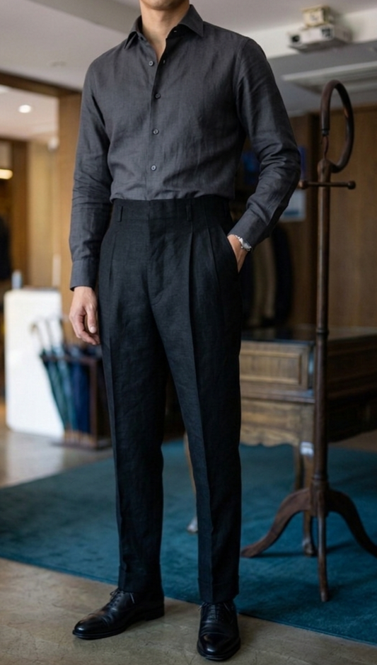 Black American  High-Waist Pleated Linen Trouser