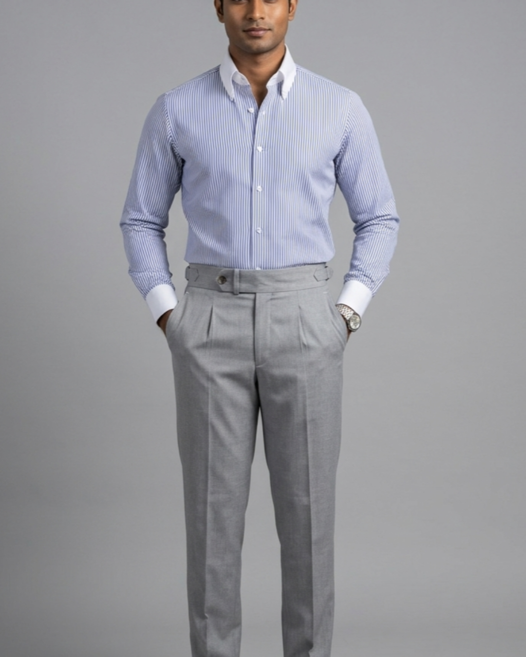 Navy Pinstripe Formal Shirt – White Contrast Collar