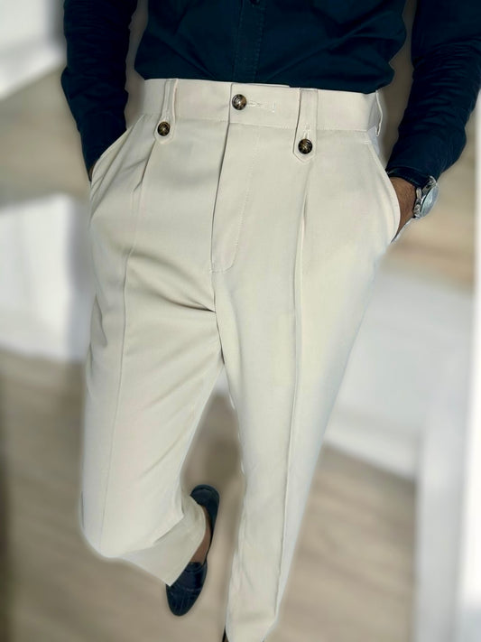 High Waist Pleated Beige Formal Pant