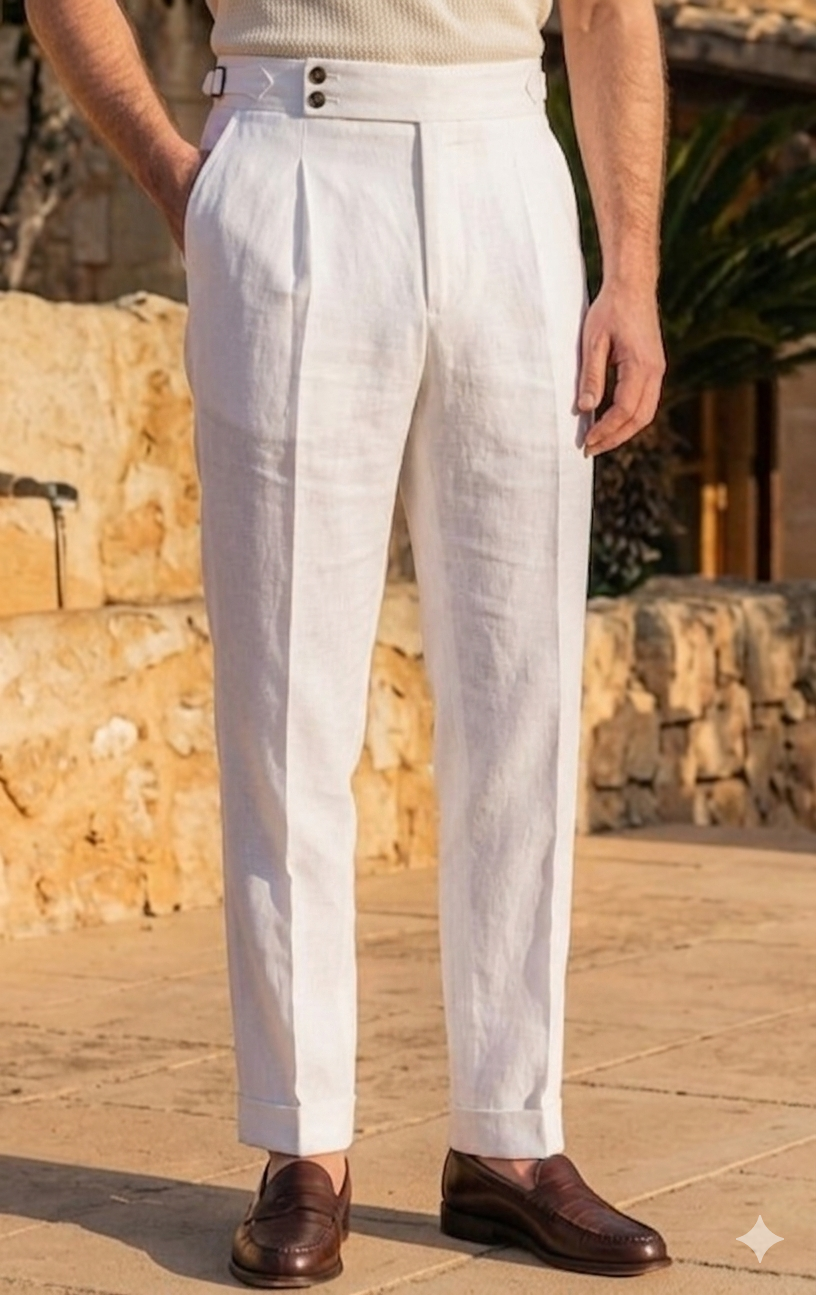 White linen dubble button side adjuster high waist trouser