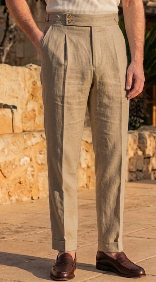 Beige dubble button side adjuster high waist trouser