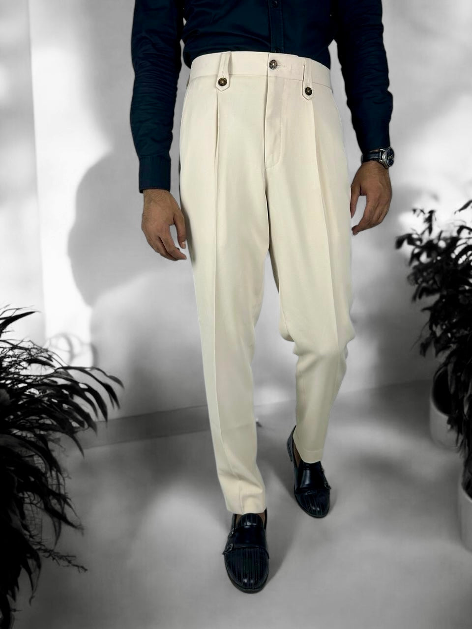 High Waist Pleated Beige Formal Pant