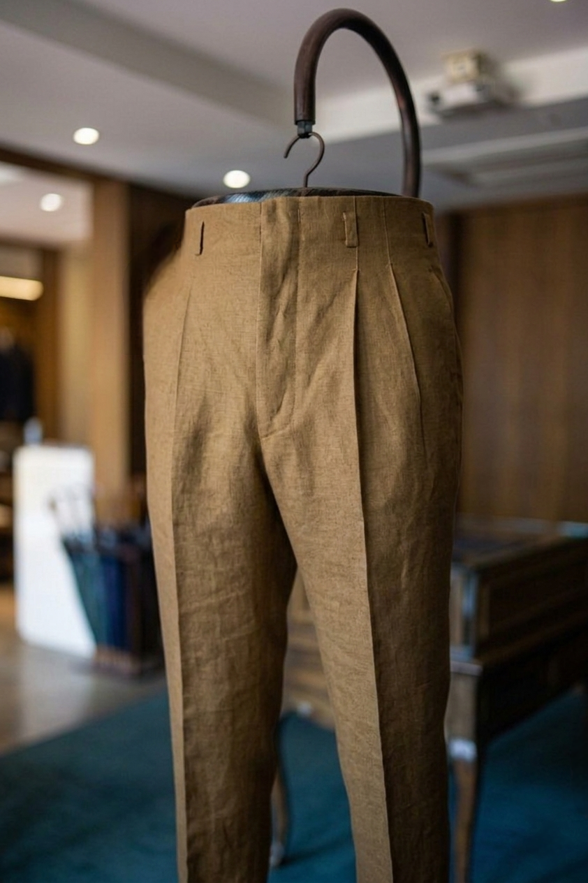 Earth Brown american High-Waist Pleated Linen Trouser
