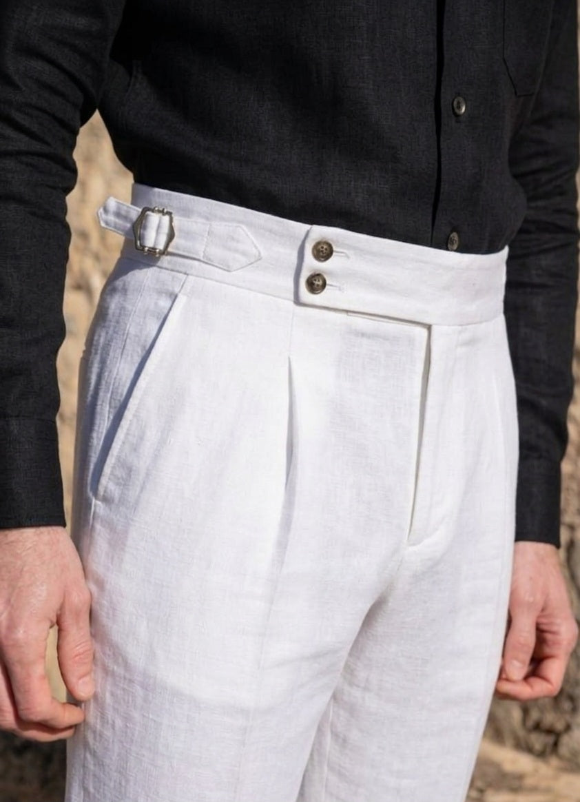 White linen dubble button side adjuster high waist trouser
