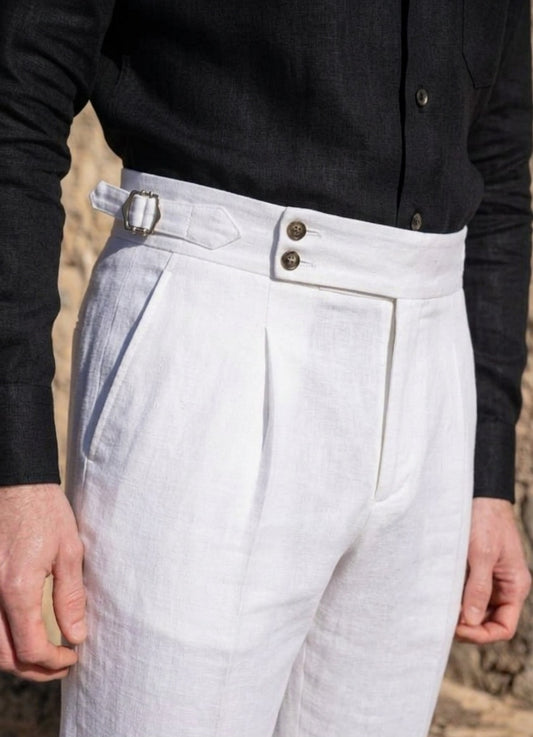 White linen dubble button side adjuster high waist trouser