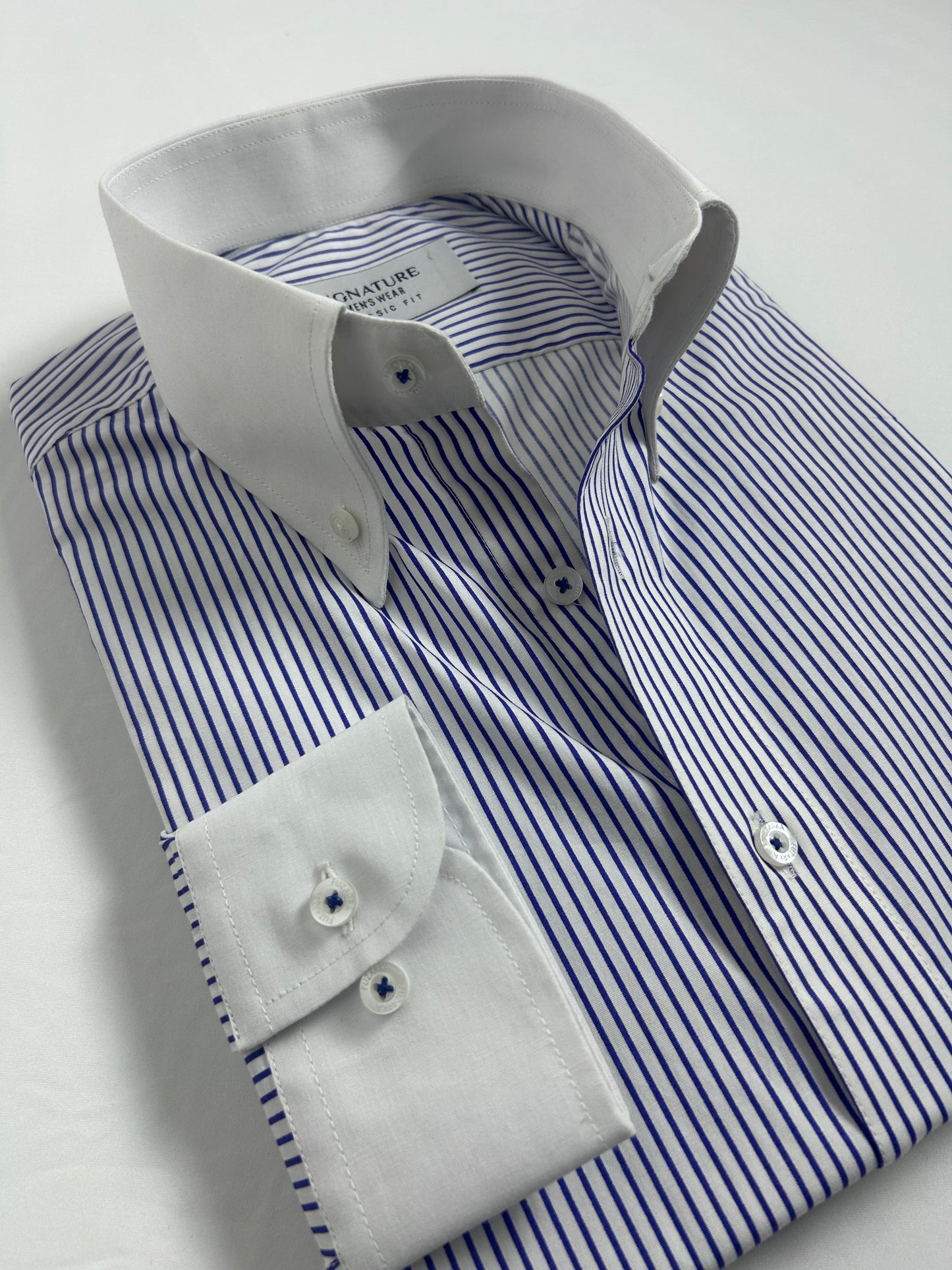 Navy Pinstripe Formal Shirt – White Contrast Collar