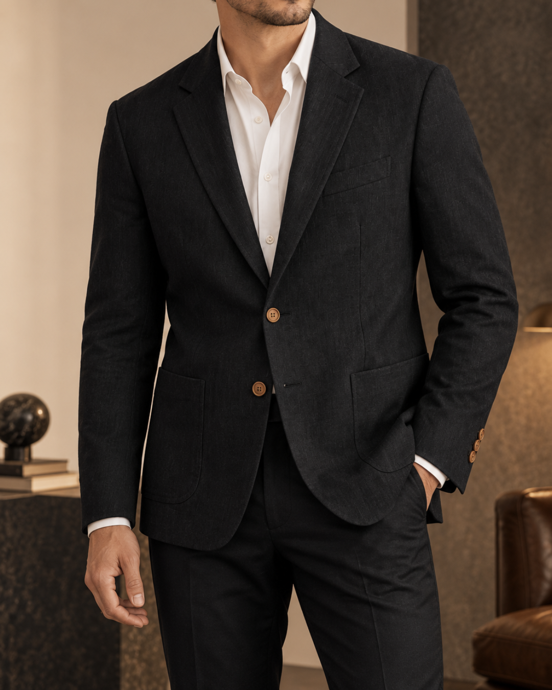 Black Linen Single-Breasted Blazer