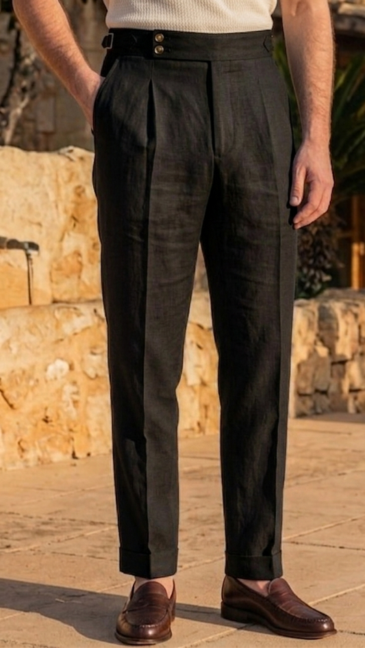 black dubble button side adjuster high waisted trouser