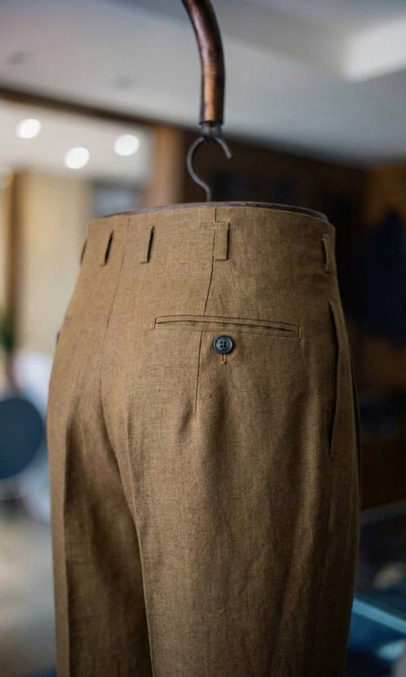Earth Brown american High-Waist Pleated Linen Trouser