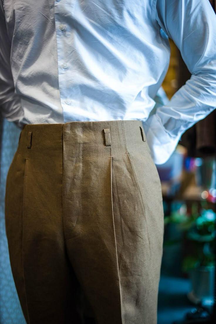 Earth Brown american High-Waist Pleated Linen Trouser