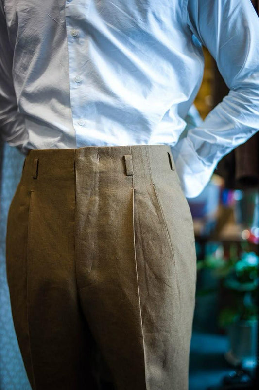 Earth Brown american High-Waist Pleated Linen Trouser