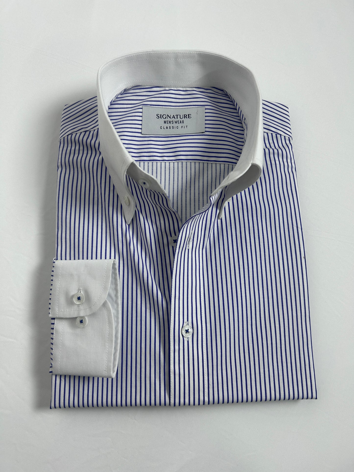 Navy Pinstripe Formal Shirt – White Contrast Collar