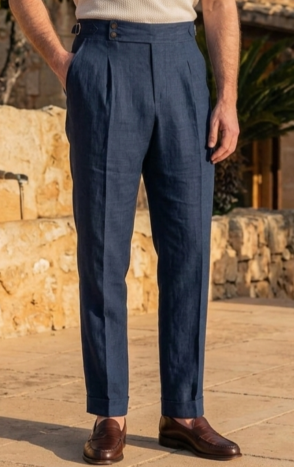 Deep blue dubble button side adjuster high waisted trouser